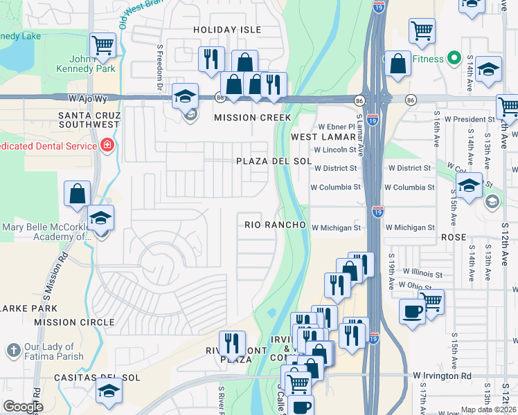 map of restaurants, bars, coffee shops, grocery stores, and more near 4341 Via Rio Azul South in Tucson