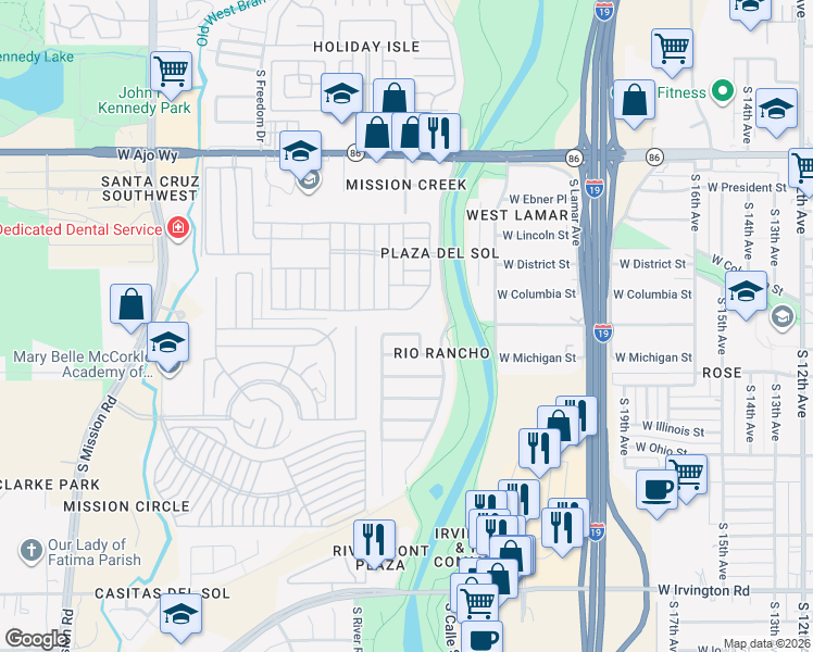 map of restaurants, bars, coffee shops, grocery stores, and more near 4341 Via Rio Azul South in Tucson