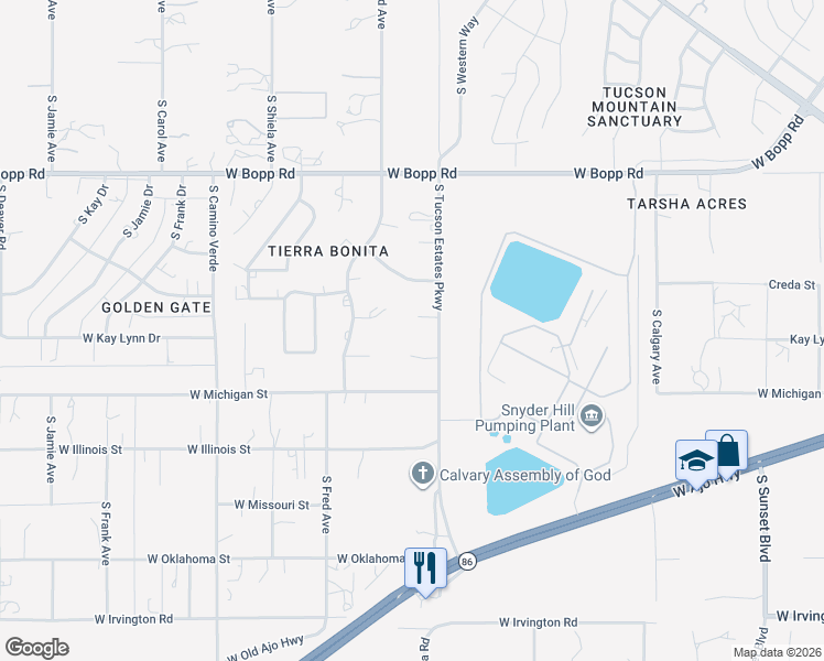 map of restaurants, bars, coffee shops, grocery stores, and more near 4130 South Tucson Estates Parkway in Tucson