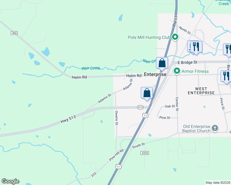 map of restaurants, bars, coffee shops, grocery stores, and more near 107 Adams Street in Enterprise