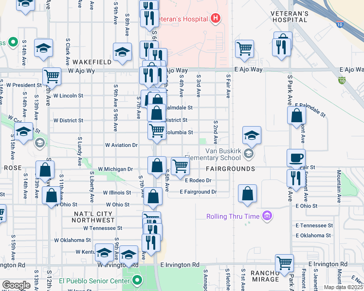 map of restaurants, bars, coffee shops, grocery stores, and more near 212 East Aviation Drive in Tucson