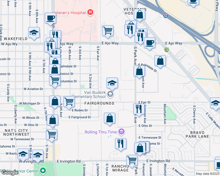 map of restaurants, bars, coffee shops, grocery stores, and more near 725 East Fair Street in Tucson