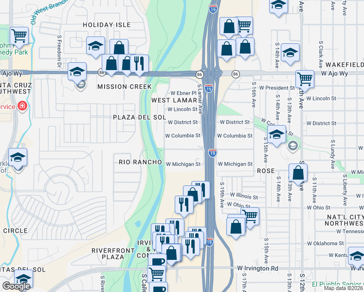 map of restaurants, bars, coffee shops, grocery stores, and more near 1067 West Pennsylvania Drive in Tucson
