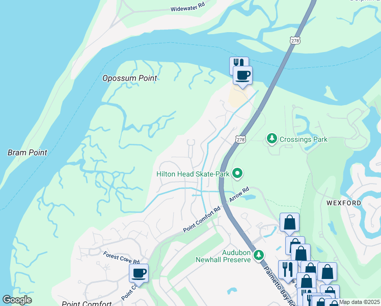 map of restaurants, bars, coffee shops, grocery stores, and more near 201 D 70 Paddle Boat Lane in Hilton Head Island