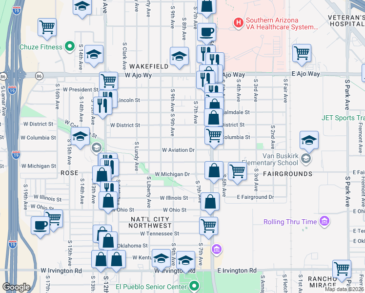 map of restaurants, bars, coffee shops, grocery stores, and more near 149 West Aviation Drive in Tucson