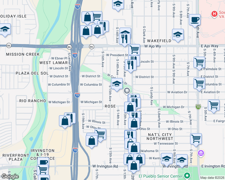 map of restaurants, bars, coffee shops, grocery stores, and more near 4337 South 15th Avenue in Tucson
