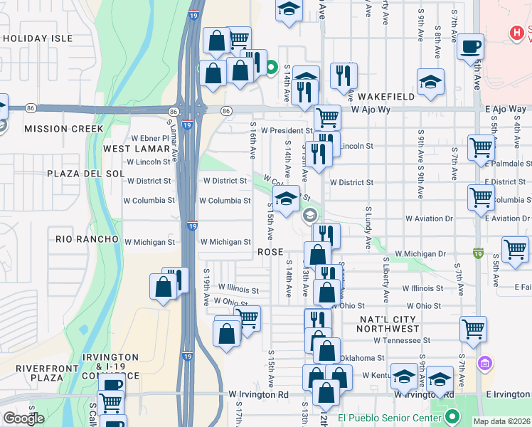 map of restaurants, bars, coffee shops, grocery stores, and more near 4337 South 15th Avenue in Tucson