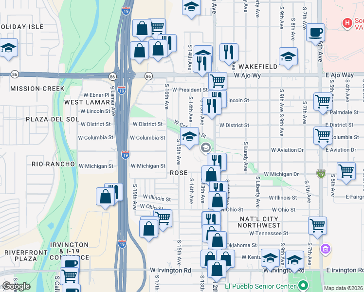 map of restaurants, bars, coffee shops, grocery stores, and more near 4337 South 15th Avenue in Tucson