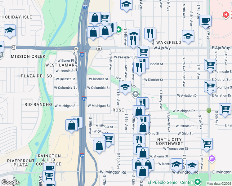 map of restaurants, bars, coffee shops, grocery stores, and more near 4337 South 15th Avenue in Tucson