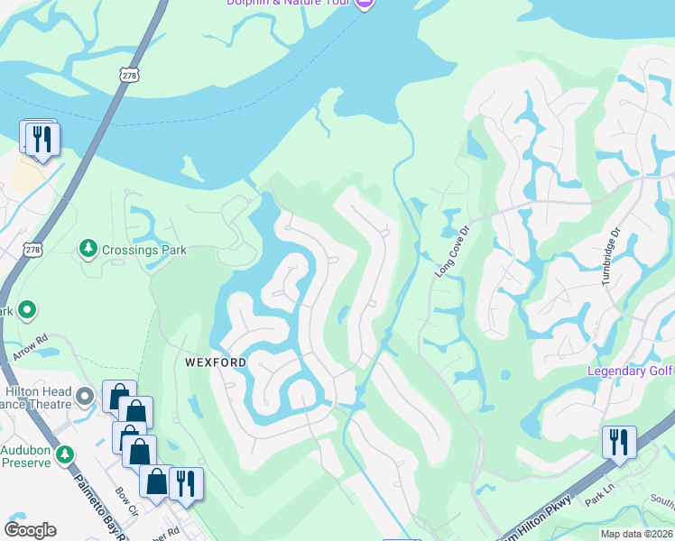 map of restaurants, bars, coffee shops, grocery stores, and more near 33 Yorkshire Drive in Hilton Head Island