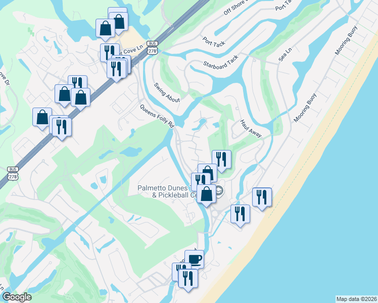 map of restaurants, bars, coffee shops, grocery stores, and more near 559 Queens Grant in Hilton Head Island