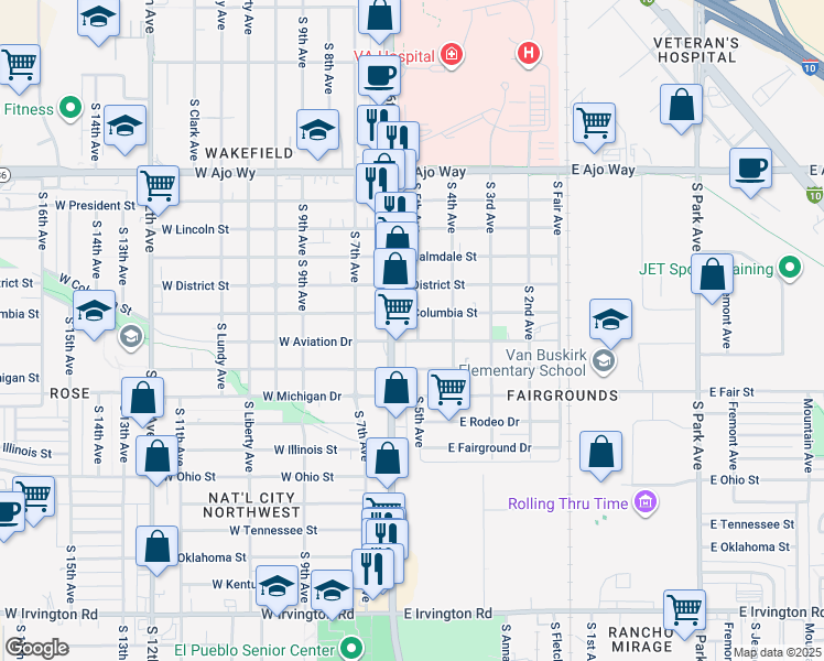 map of restaurants, bars, coffee shops, grocery stores, and more near 102 East Aviation Drive in Tucson
