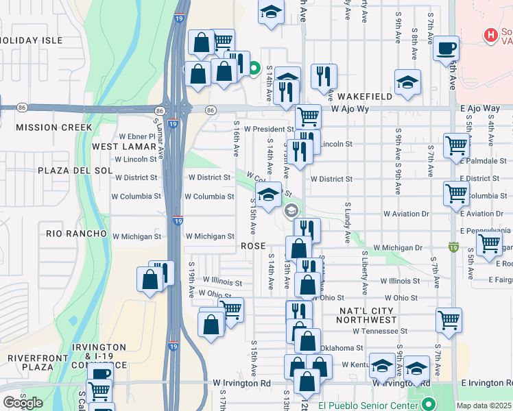 map of restaurants, bars, coffee shops, grocery stores, and more near 4337 South 15th Avenue in Tucson