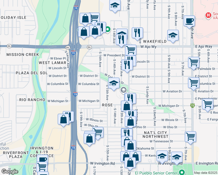 map of restaurants, bars, coffee shops, grocery stores, and more near 4337 South 15th Avenue in Tucson