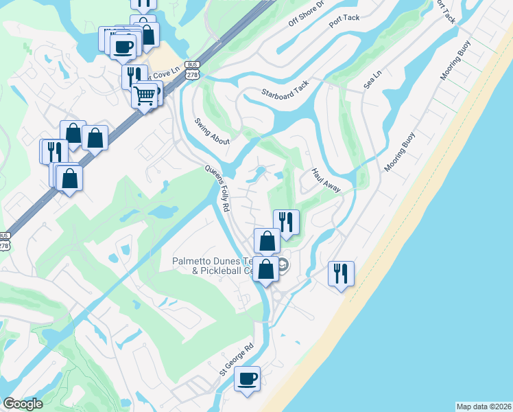 map of restaurants, bars, coffee shops, grocery stores, and more near 45 Queens Folly Road in Hilton Head Island