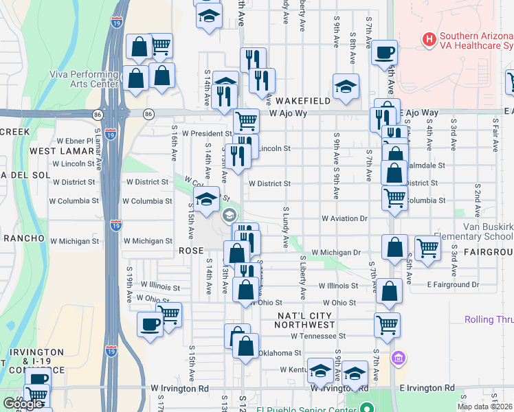 map of restaurants, bars, coffee shops, grocery stores, and more near 438 West Columbia Street in Tucson