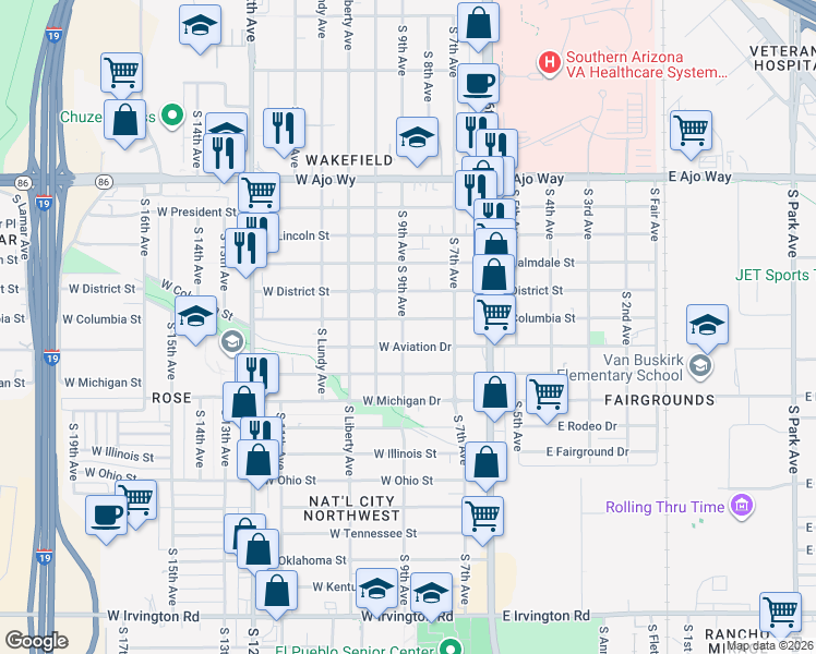 map of restaurants, bars, coffee shops, grocery stores, and more near 162 West Columbia Street in Tucson