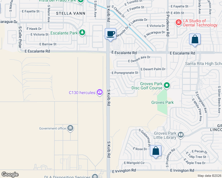 map of restaurants, bars, coffee shops, grocery stores, and more near 4201 South Kolb Road in Tucson