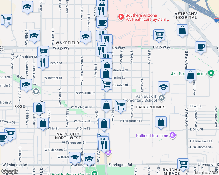 map of restaurants, bars, coffee shops, grocery stores, and more near 101 East Columbia Street in Tucson
