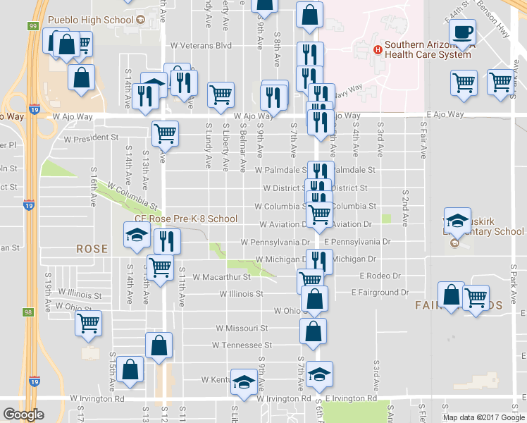 map of restaurants, bars, coffee shops, grocery stores, and more near 162 West Columbia Street in Tucson