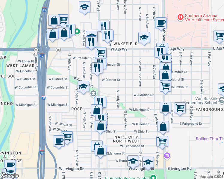 map of restaurants, bars, coffee shops, grocery stores, and more near 438 West Columbia Street in Tucson