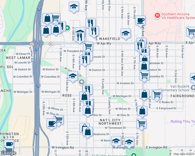 map of restaurants, bars, coffee shops, grocery stores, and more near 438 West Columbia Street in Tucson