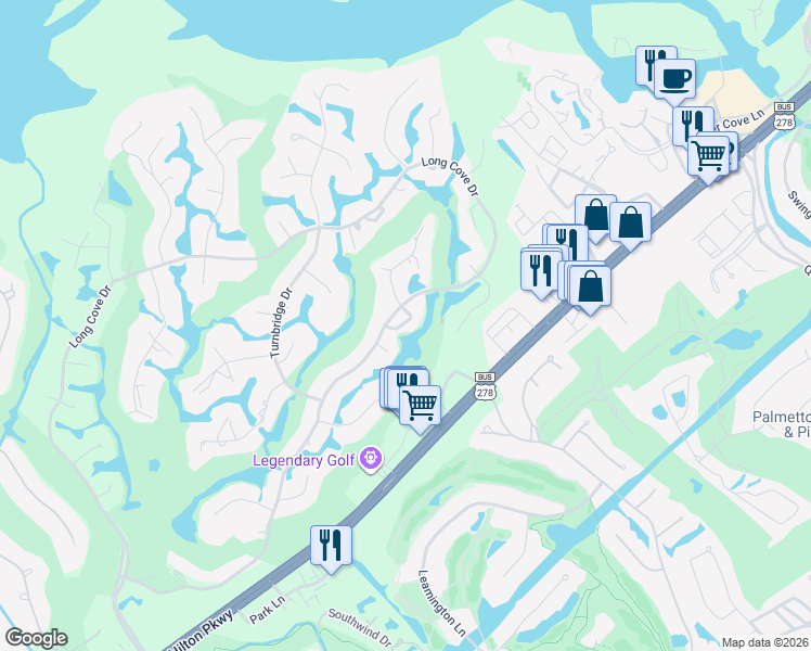 map of restaurants, bars, coffee shops, grocery stores, and more near 8 Tombee Court in Hilton Head Island