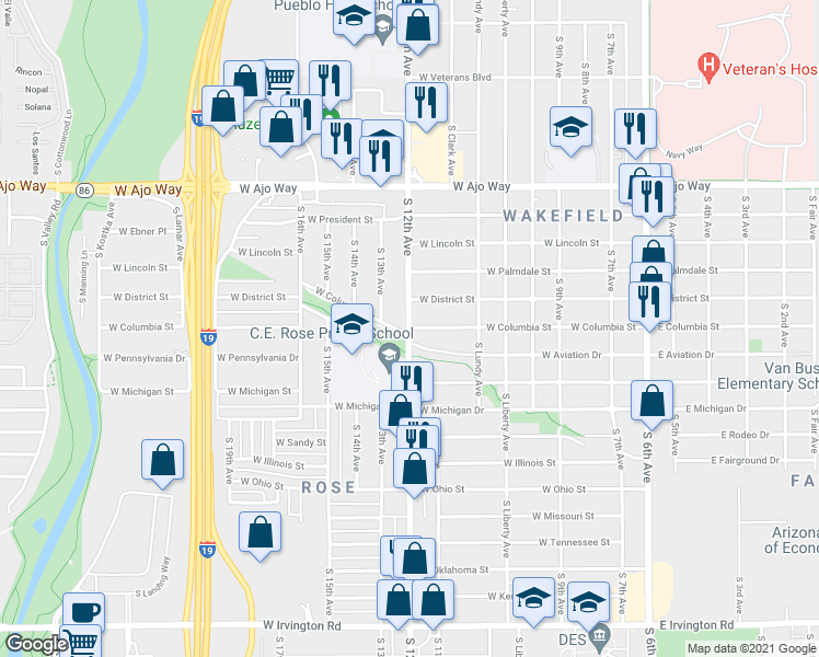 map of restaurants, bars, coffee shops, grocery stores, and more near 4307 South 12th Avenue in Tucson