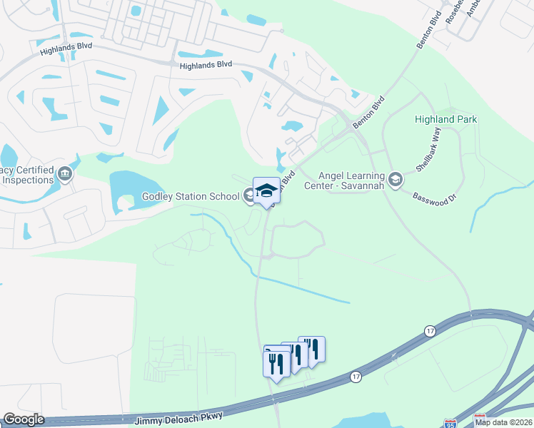 map of restaurants, bars, coffee shops, grocery stores, and more near 2135 Benton Boulevard in Pooler