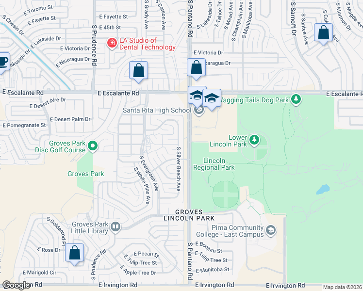 map of restaurants, bars, coffee shops, grocery stores, and more near 4121 South Silver Beech Avenue in Tucson