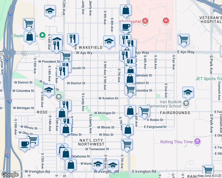 map of restaurants, bars, coffee shops, grocery stores, and more near 138 West Columbia Street in Tucson