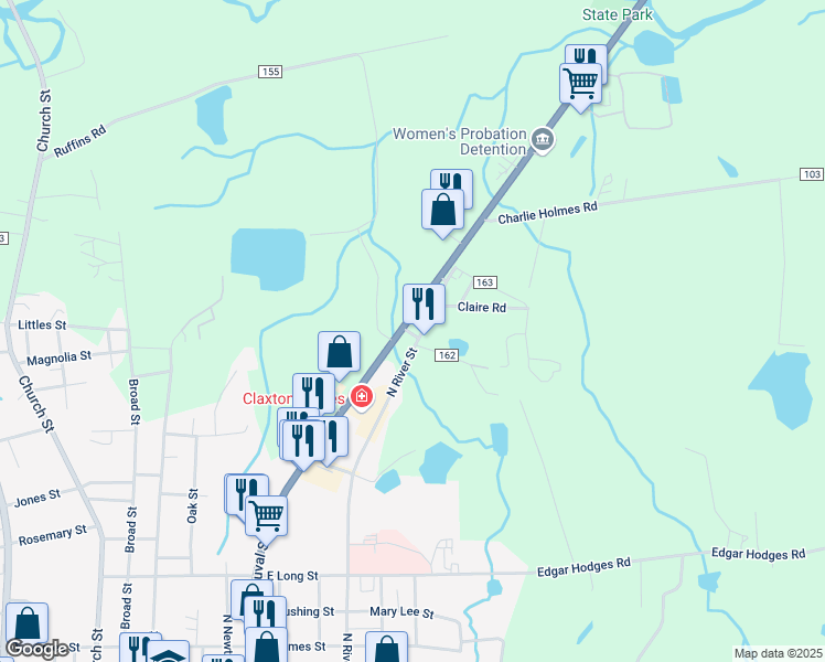 map of restaurants, bars, coffee shops, grocery stores, and more near 8156 North Highway 25 in Claxton