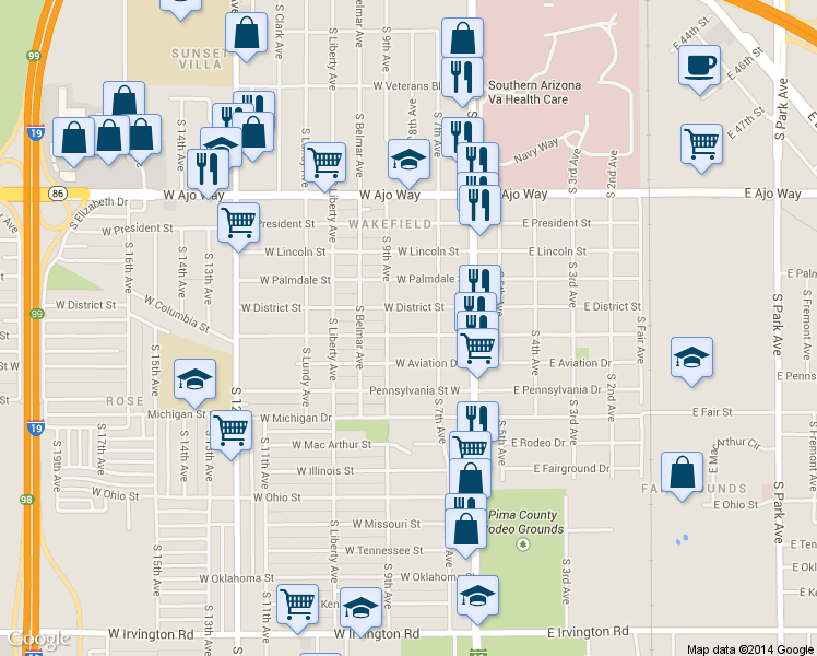 map of restaurants, bars, coffee shops, grocery stores, and more near 162 West Columbia Street in Tucson