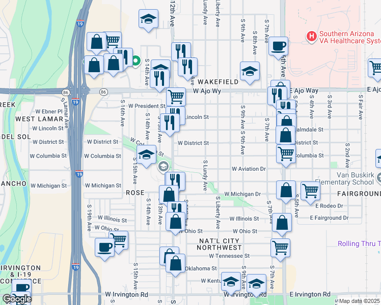 map of restaurants, bars, coffee shops, grocery stores, and more near 438 West Columbia Street in Tucson