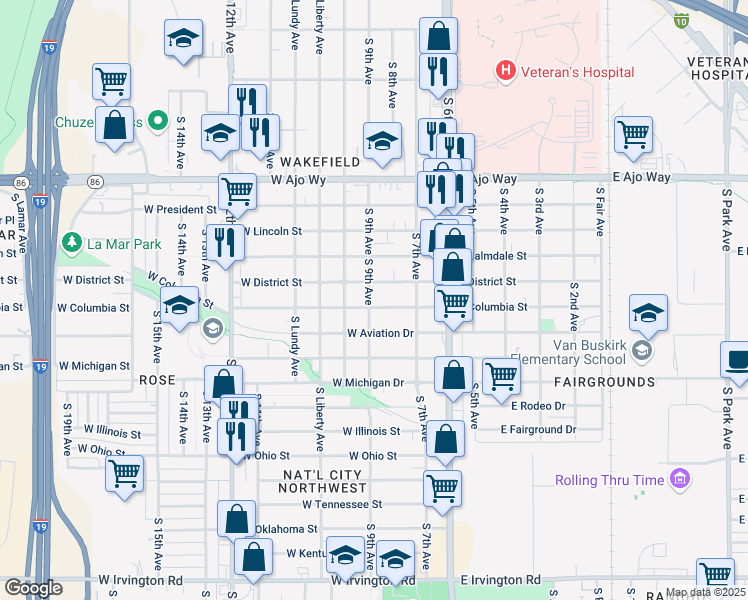 map of restaurants, bars, coffee shops, grocery stores, and more near 162 West Columbia Street in Tucson