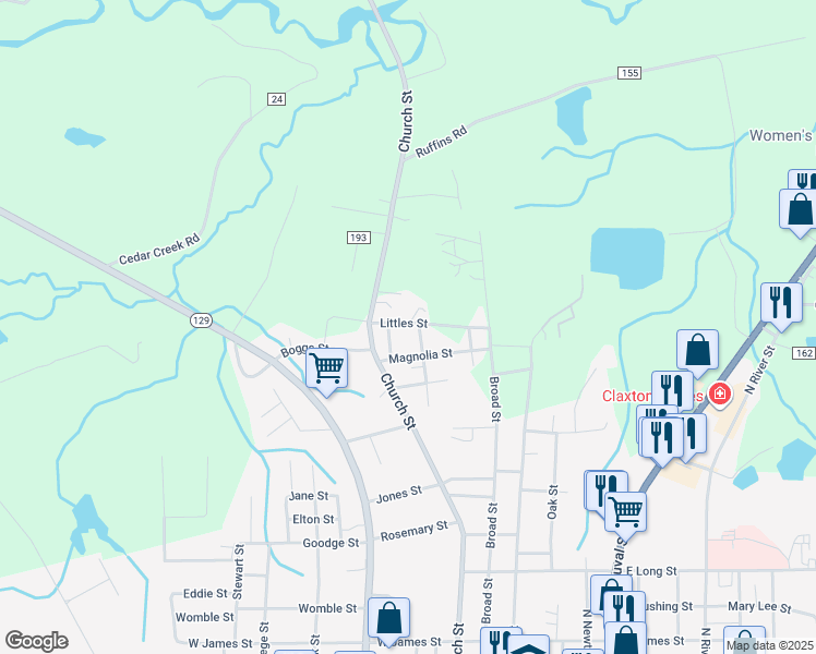 map of restaurants, bars, coffee shops, grocery stores, and more near 330 Littles Street in Claxton