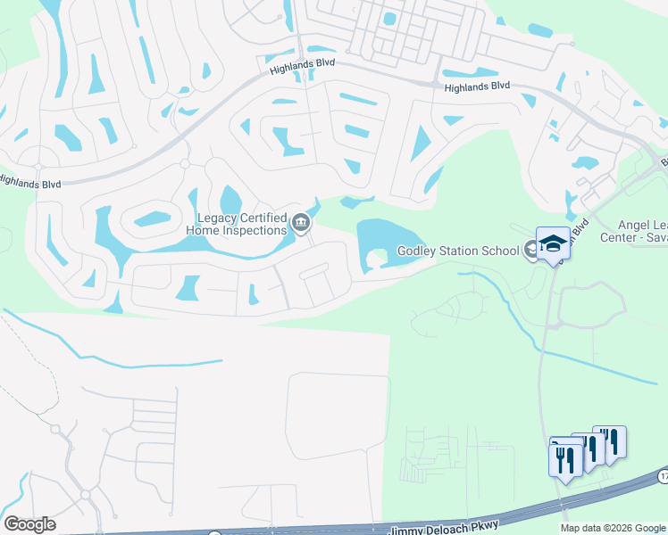 map of restaurants, bars, coffee shops, grocery stores, and more near 22 Spring Lakes Circle in Savannah