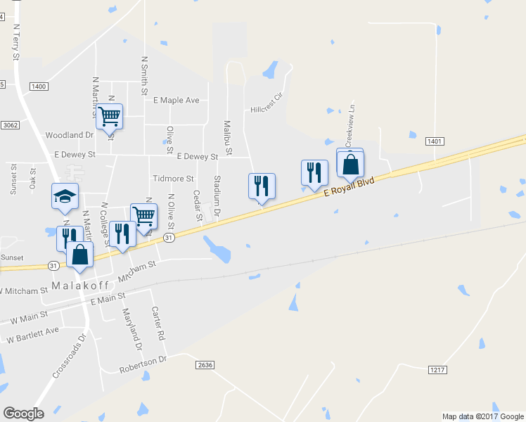 map of restaurants, bars, coffee shops, grocery stores, and more near State Highway 31 West in Malakoff