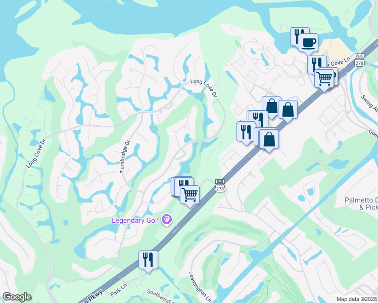 map of restaurants, bars, coffee shops, grocery stores, and more near 8 Tombee Court in Hilton Head Island