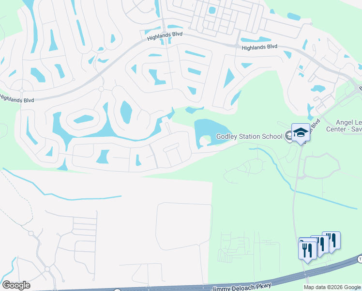 map of restaurants, bars, coffee shops, grocery stores, and more near 22 Spring Lakes Circle in Savannah
