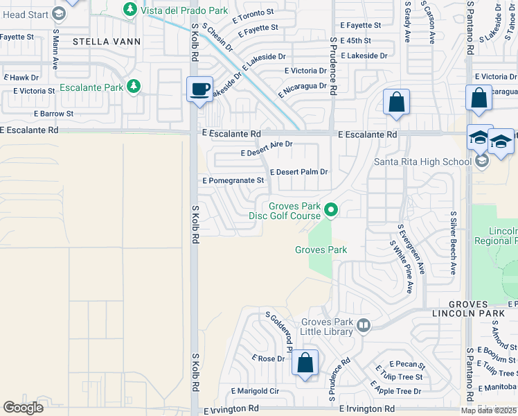 map of restaurants, bars, coffee shops, grocery stores, and more near 7266 East Freestone Drive in Tucson
