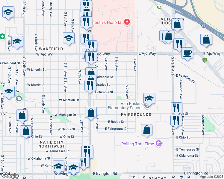map of restaurants, bars, coffee shops, grocery stores, and more near 4231 South 4th Avenue in Tucson