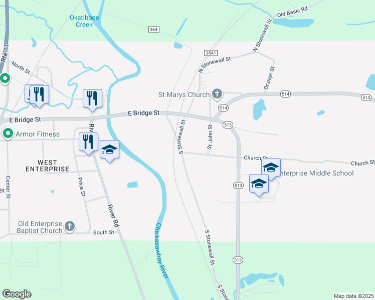 map of restaurants, bars, coffee shops, grocery stores, and more near 101 Church Street in Enterprise