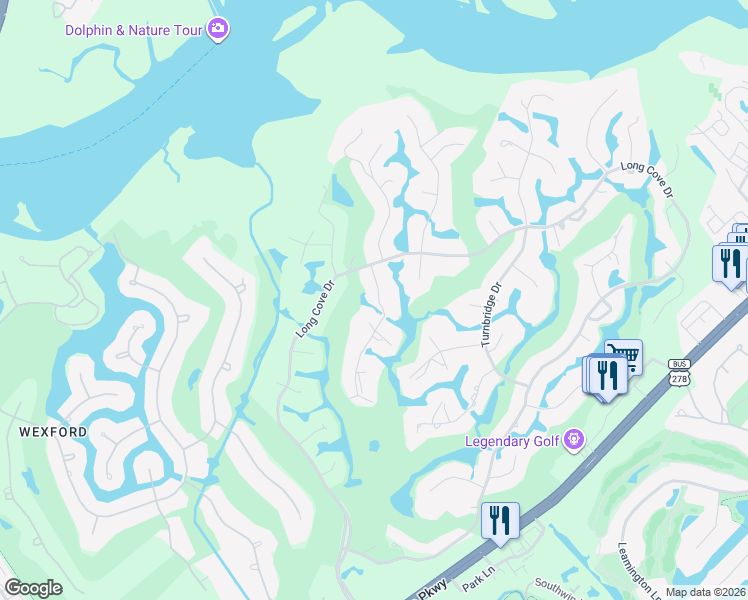 map of restaurants, bars, coffee shops, grocery stores, and more near 8 Long Brow Road in Hilton Head Island
