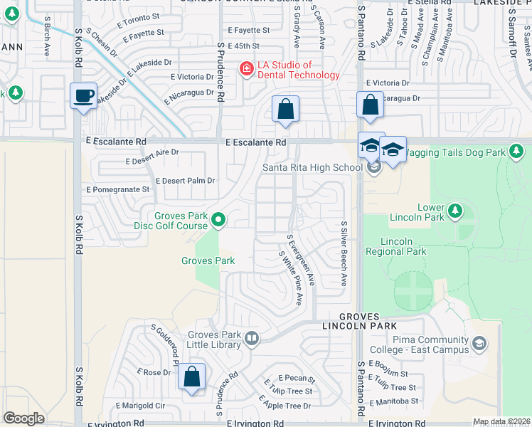 map of restaurants, bars, coffee shops, grocery stores, and more near 4080 South Evergreen Avenue in Tucson
