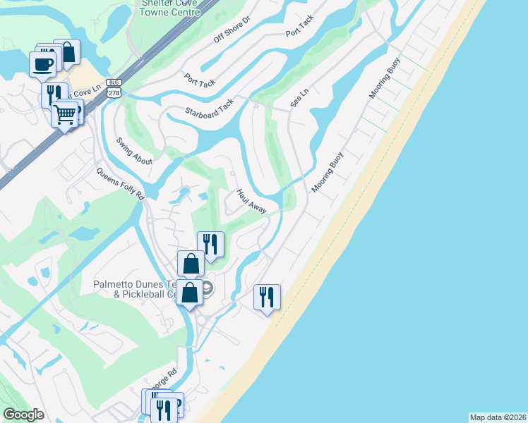 map of restaurants, bars, coffee shops, grocery stores, and more near 39 Haul Away in Hilton Head Island