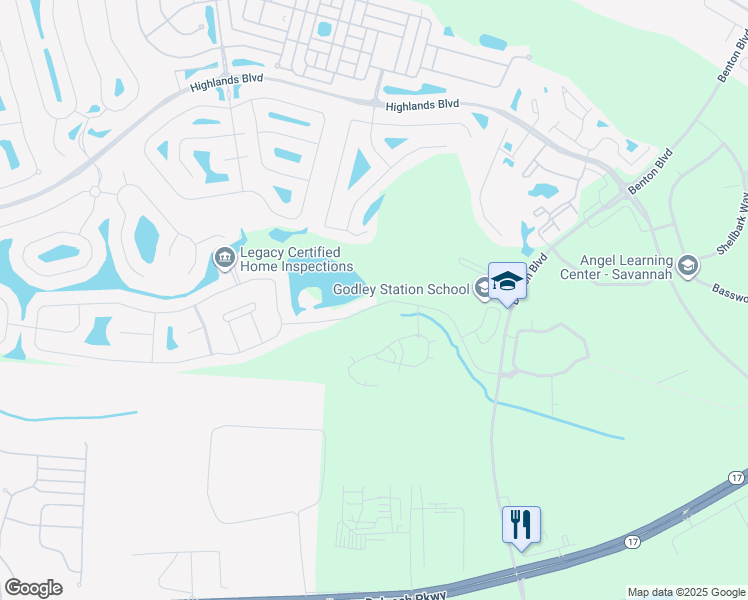 map of restaurants, bars, coffee shops, grocery stores, and more near 102 Spring Lakes Drive in Pooler