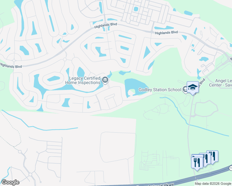 map of restaurants, bars, coffee shops, grocery stores, and more near 22 Spring Lakes Circle in Savannah