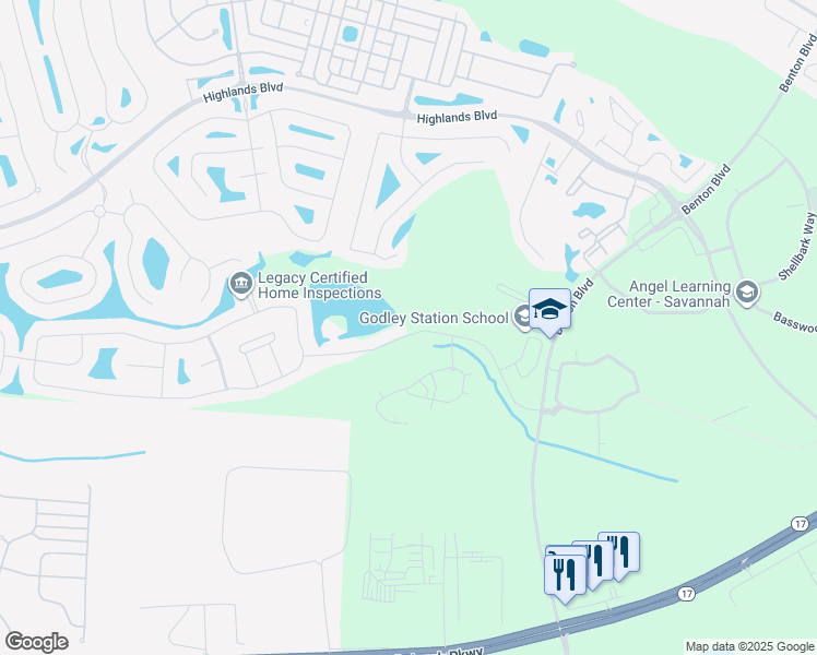 map of restaurants, bars, coffee shops, grocery stores, and more near 102 Spring Lakes Drive in Pooler