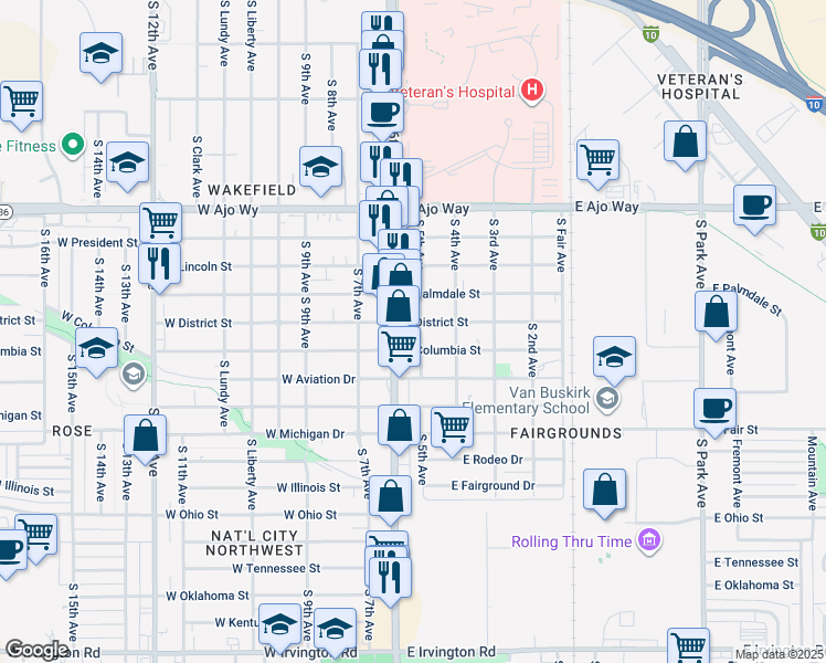 map of restaurants, bars, coffee shops, grocery stores, and more near 101 East Columbia Street in Tucson